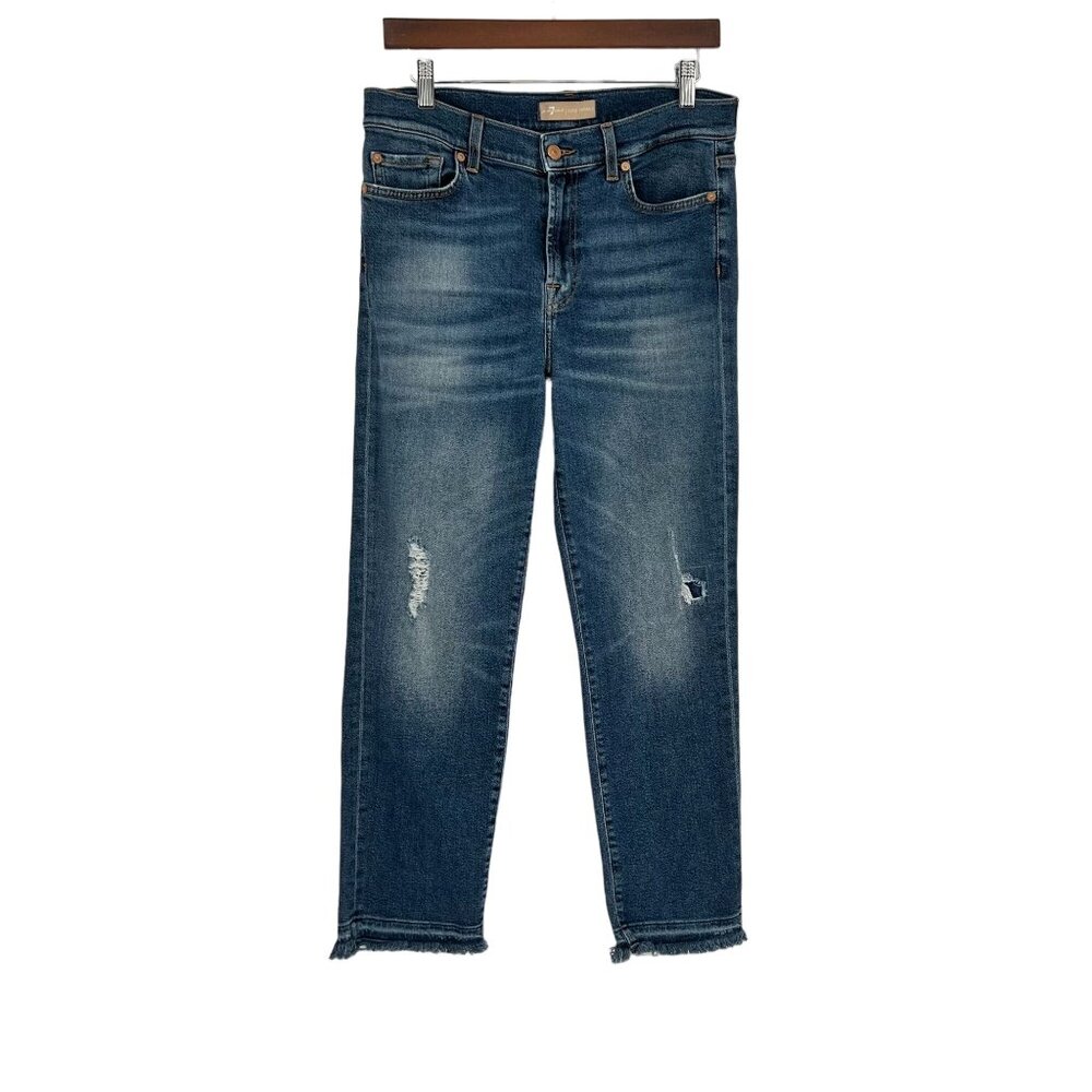 7 For All Mankind Womens High Rise‎ Distressed Crop Jeans Size 28/29? Blue Denim